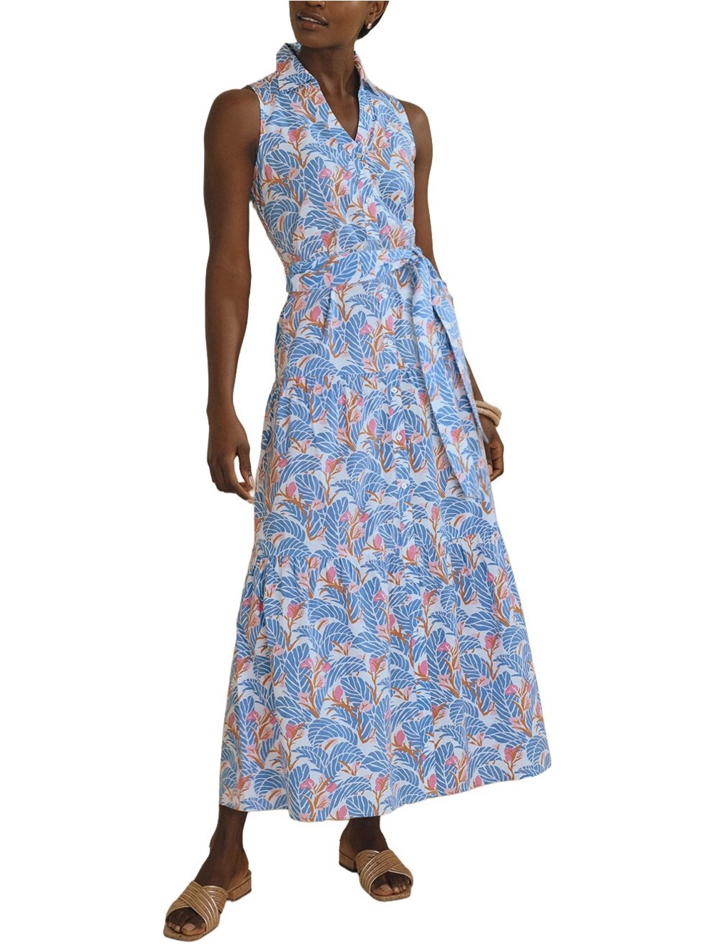 J. McLaughlin Sleeveless Blue Floral Maxi Dress with Tie Waist
